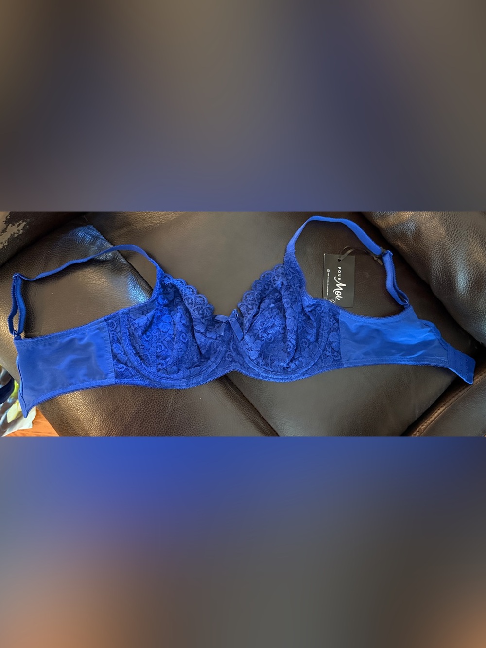 Pour Moi 34D Scalloped Lace Underwire Bra with Satin Bow in Cobalt Blue NWT